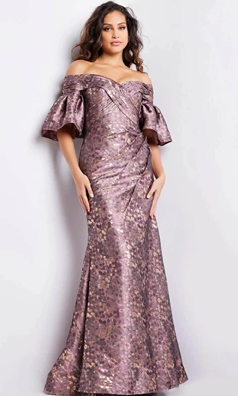 sequined gown dressesJovani 26258SC - Off Shoulder Metallic Formal Gown