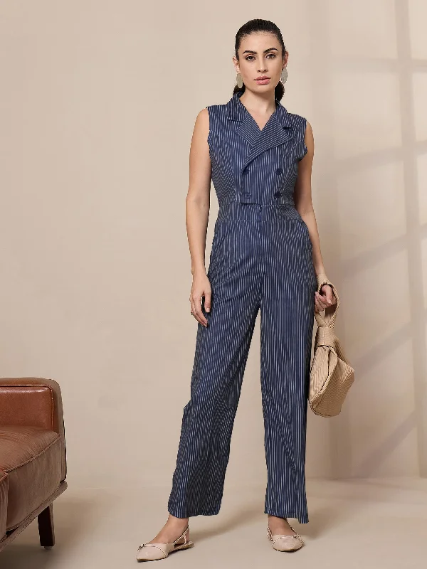 women's jumpsuits with off-the-shoulder necksWomen Navy Striped Notch Collar Jumpsuit