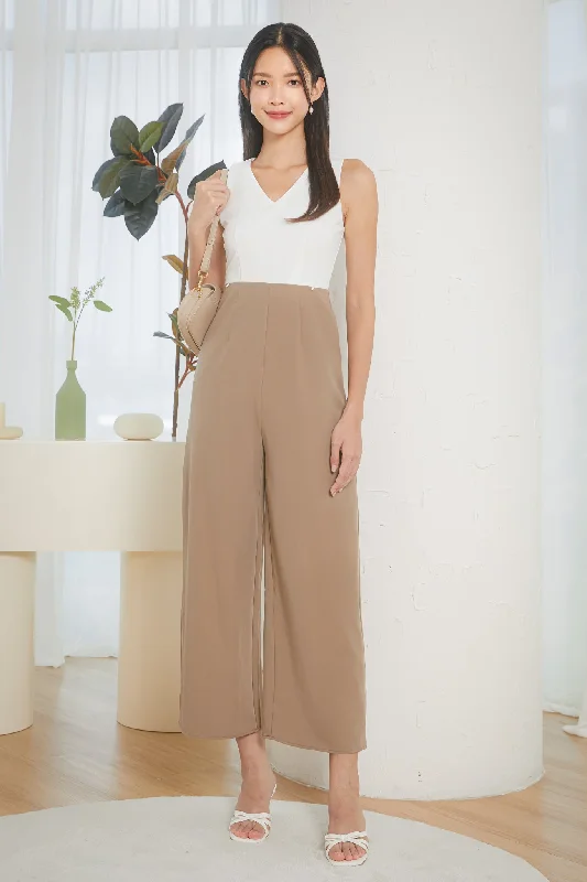 women's jumpsuits made of velvetZip Cut-Out V-Neck Jumpsuit in White Coffee