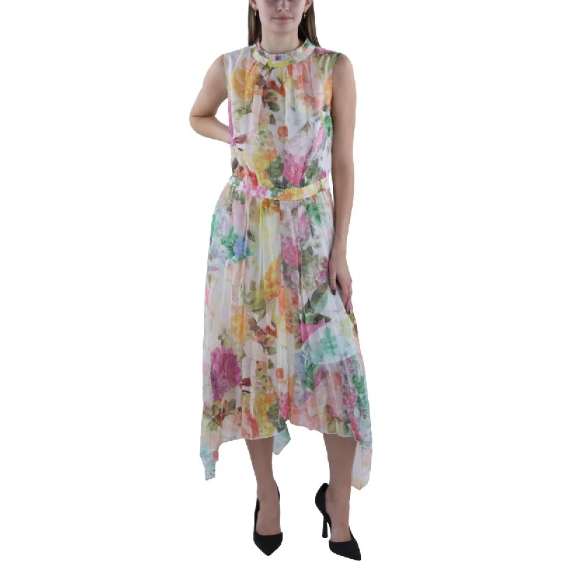 polyester midi dressesPlus Womens Floral Pleated Midi Dress