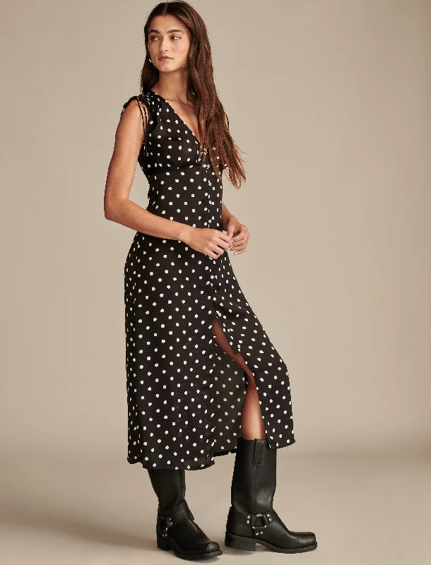 midi dresses with spaghetti strapsLucky Brand Women's Satin Button Through Midi Dress