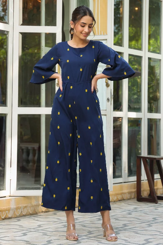 women's jumpsuits with belt loopsDark Blue Poly Crepe Embroidered Jumpsuit