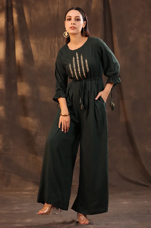 women's jumpsuits made of denimJade Green Rayon Slub Embroidered Jumpsuit