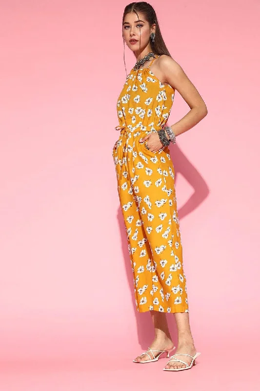 women's jumpsuits for sustainable fashionMustard Polyester Sleeveless Floral Print Jumpsuit