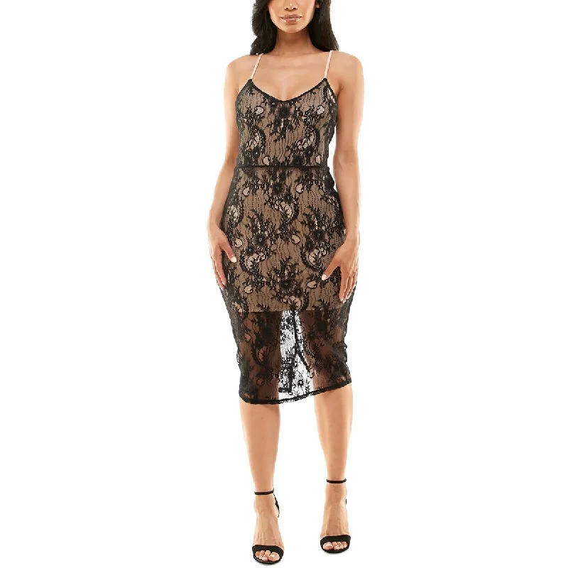 printed midi dressesWomens Lace Overlay Mid Calf Midi Dress