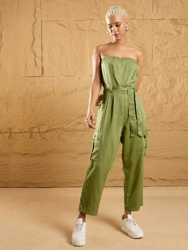 women's jumpsuits made of denimWomen Olive Twill Off-Shoulder Jumpsuit