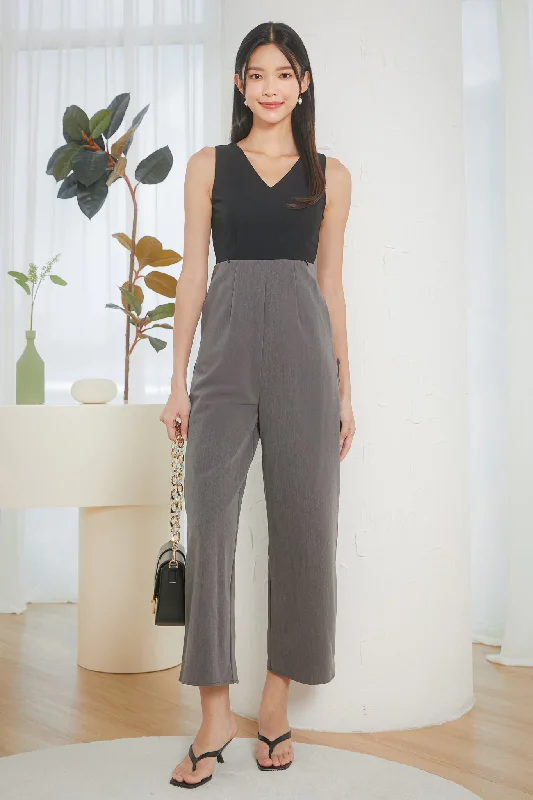 women's jumpsuits with bell sleevesZip Cut-Out V-Neck Jumpsuit in Black Grey