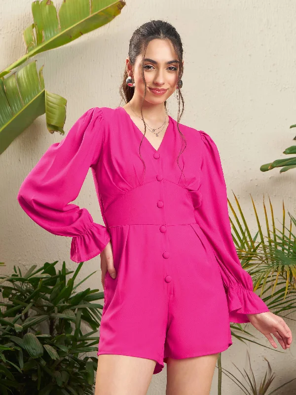 women's jumpsuits for stylish and functional fashionWomen Pink Front Button Playsuit