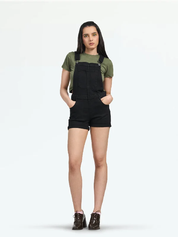 women's jumpsuits with solid colorsWomen's Black Short Dungaree