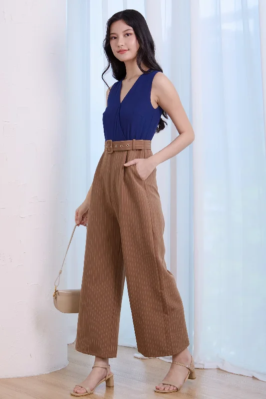 women's jumpsuits with bow tiesV-Neck Striped Colourblock Jumpsuit in Navy Brown