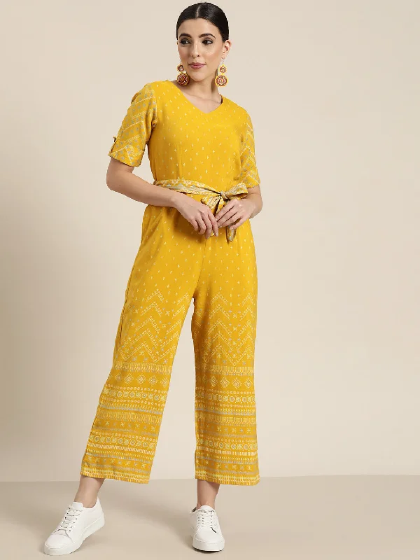 women's jumpsuits with zippersMustard Rayon Flex Printed Jumpsuit