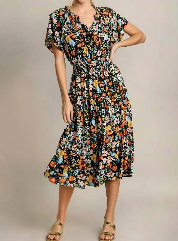 midi shift dressesFloral Print Midi A-Line Dress In Multi