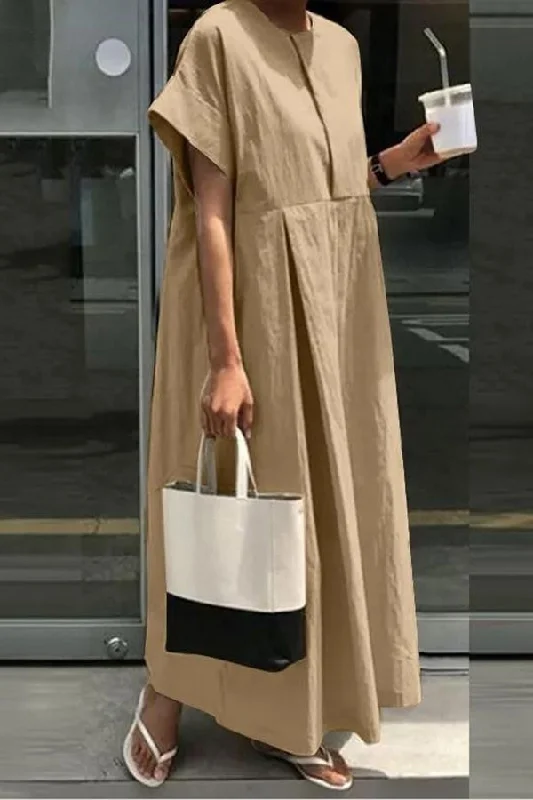 maxi dresses under $100Linen Blend Loose Crew Neck Casual Maxi Dress