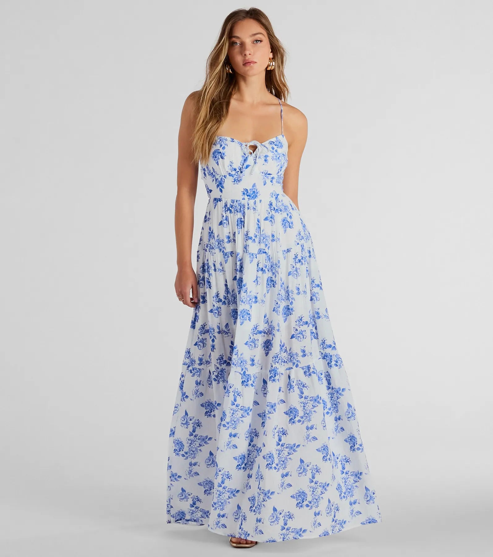 maxi dresses for formal eventsCharming Vibe Tie-Back Flowy Floral Woven Maxi Dress