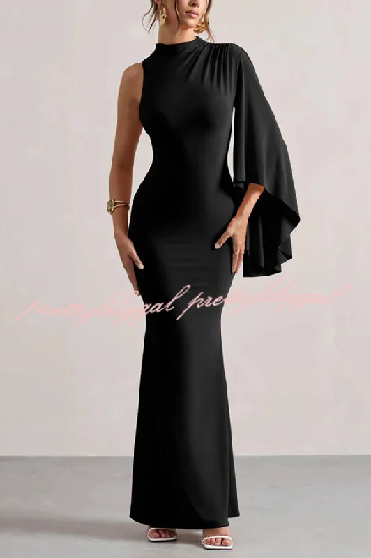 maxi dresses with cold-shoulder cutsReady When You Are High Neck One Ruffle Sleeve Maxi Dress