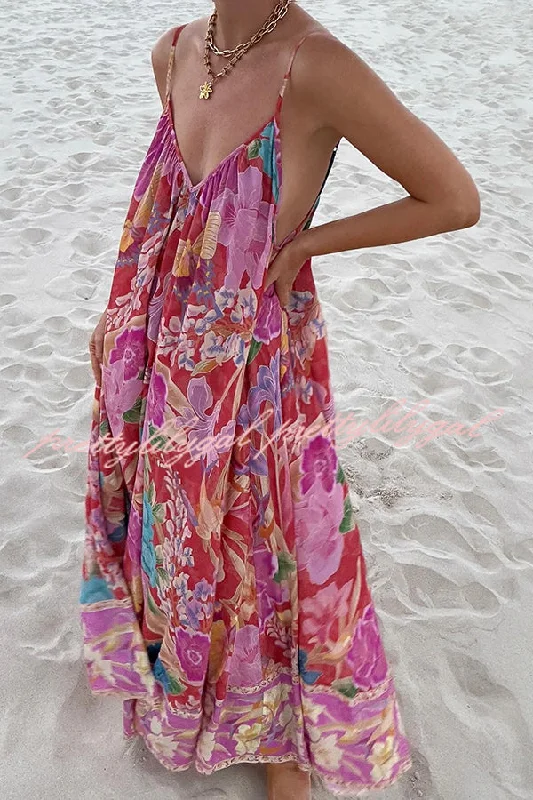 maxi dresses for plus-size bridesPainter's Garden Boho Floral Print Strappy A-line Maxi Dress