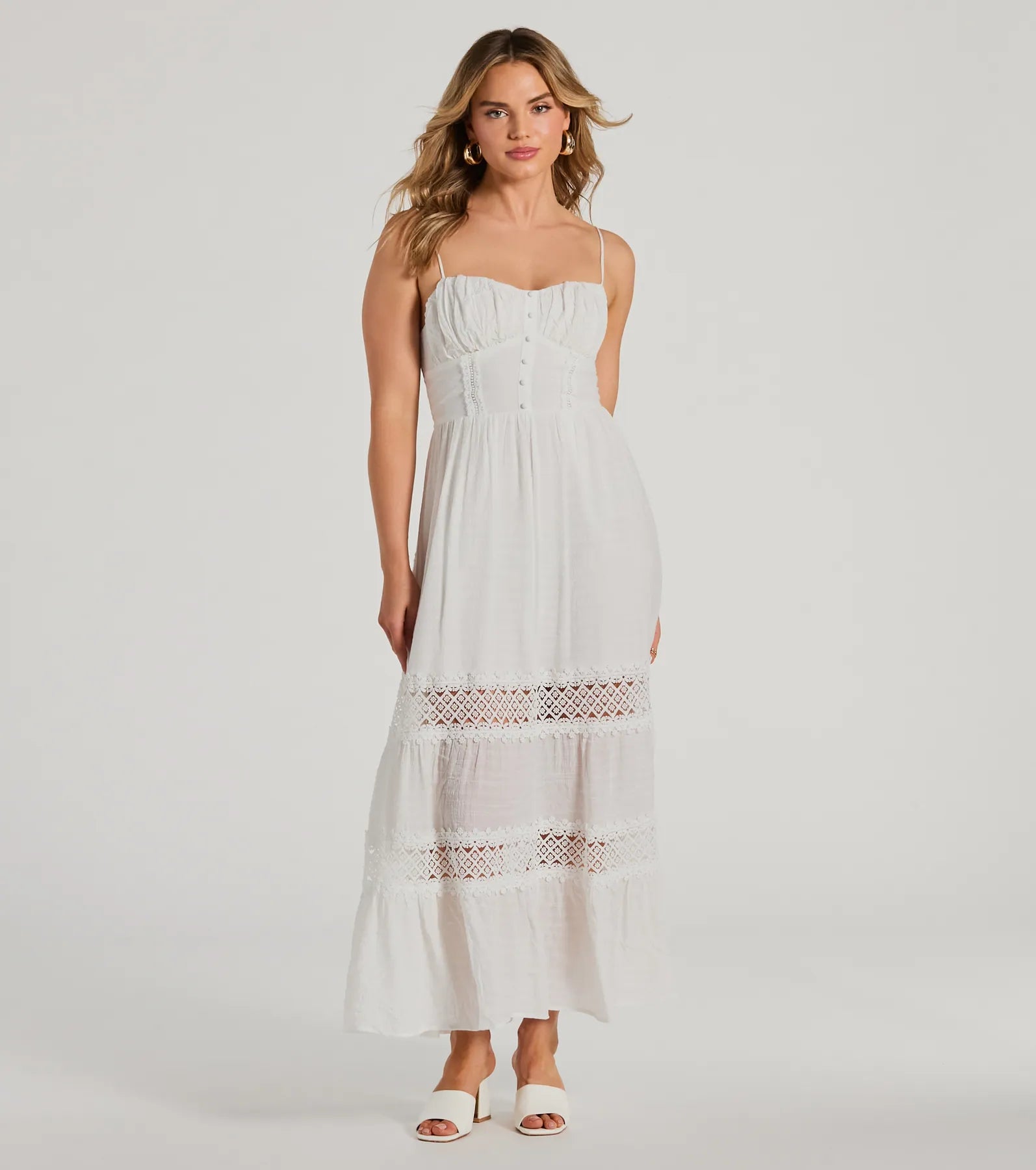 maxi dresses under $100Feel The Romance Sweetheart Button Lace Trim Maxi Dress