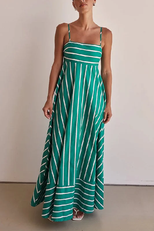 floral maxi dressesStripe Print Sling Backless Pleated Maxi Dress