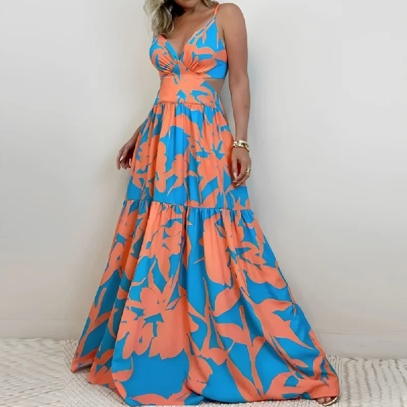 maxi dresses for mother of the groomRetro Print Hollow Backless Maxi Dress