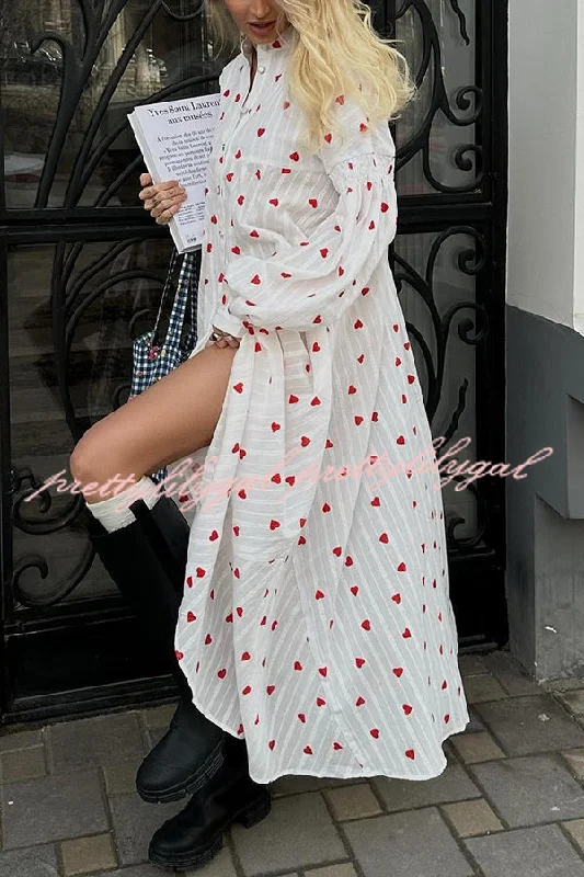 satin maxi dressesCute Heart Print Puff Sleeve Loose Shirt Style Maxi Dress