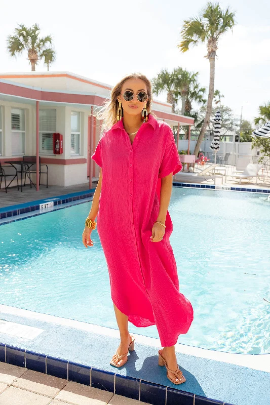 maxi dresses for travelCarmen Cover Up Caftan Maxi Dress - Hot Pink