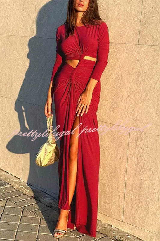 elegant maxi dressesSolid Color Round Neck Long Sleeve Sexy Exposed Waist Slit Maxi Dress