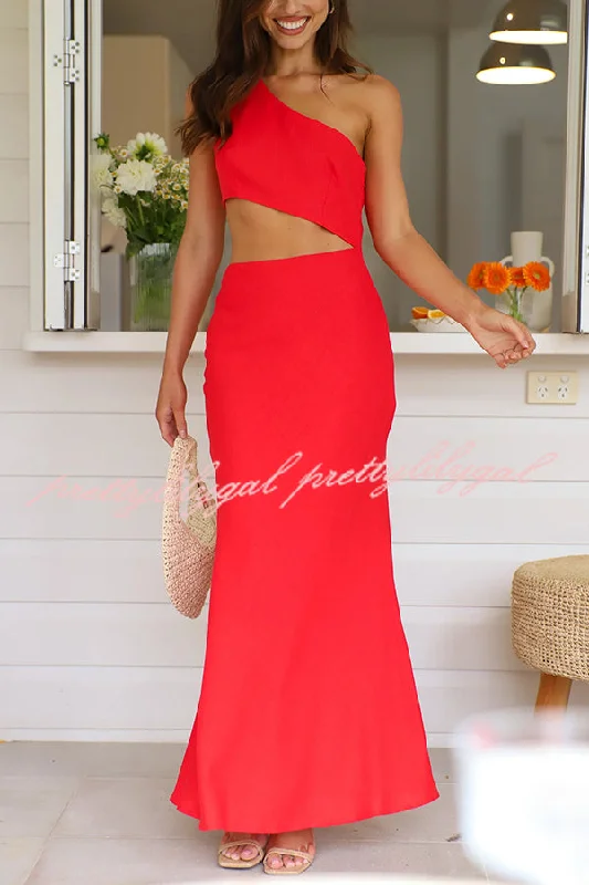 maxi dresses for black-tie eventsSolid Color Sexy One Shoulder Off Waist Maxi Dress