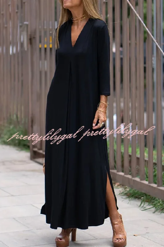 maxi dresses with sequined detailsSolid Color V-neck Casual Slit Maxi Dress