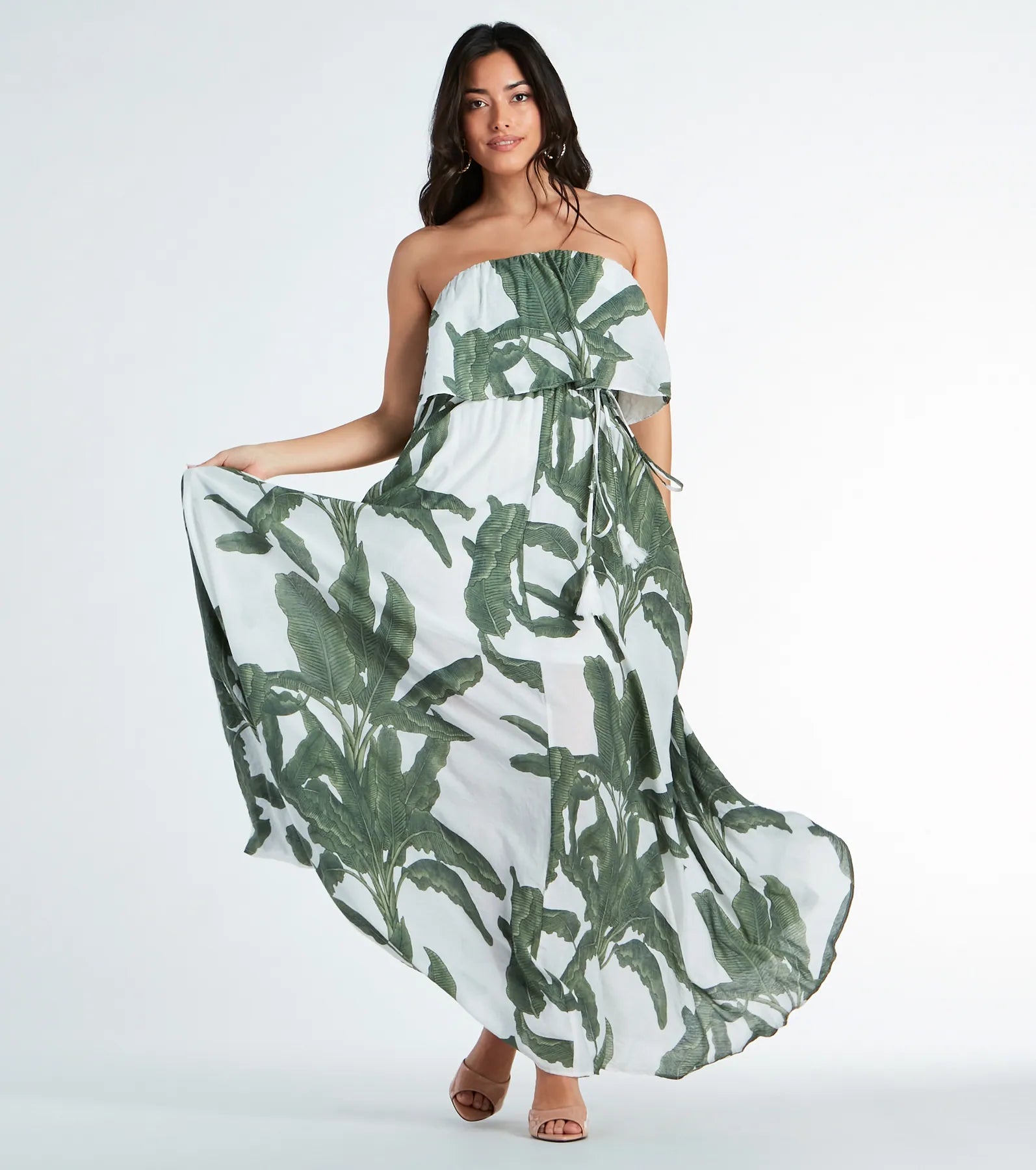 maxi dresses with flutter sleevesGetaway Bound Tropical Print Woven Maxi Dress