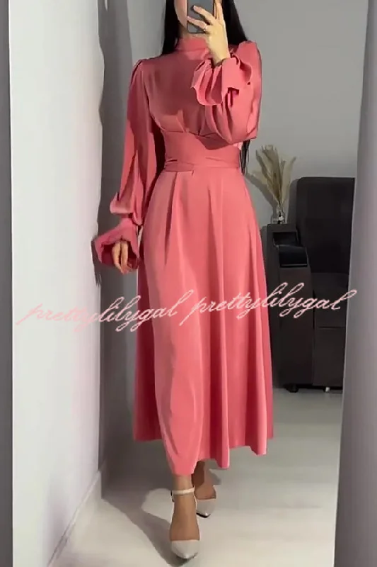 maxi dresses for casual FridaysSolid Color Ruffled Sleeves Waisted Tie Slim Fit Maxi Dress