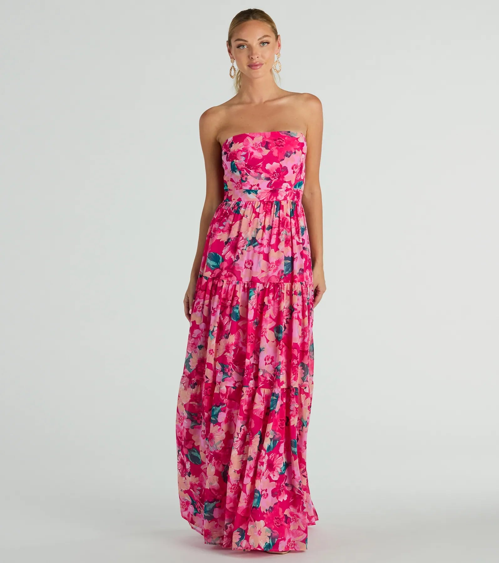 maxi dresses for tall womenRadiate Romantic Vibes Strapless Floral Chiffon Maxi Dress