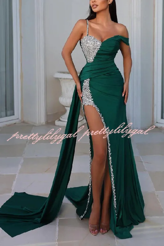 maxi dresses with short sleevesAdelynn Sequin Patchwork One Shoulder Ruched Slit Prom Maxi Dress