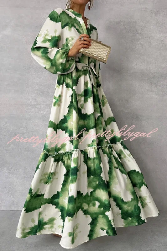 maxi dresses with low necklinesUnique Printed V-neck Long Sleeve Waist Tie-down Maxi Dress