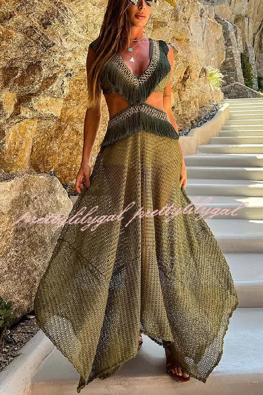 chiffon maxi dressesSaralyn Hollow Mesh Tassel Trim Irregular Hem Vacation Maxi Dress