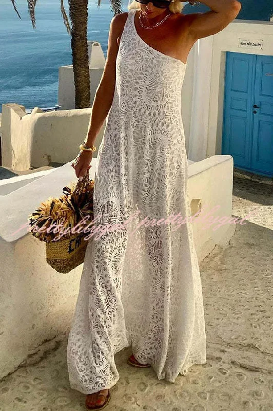 cotton maxi dressesPure Soul Unique Lace Pattern One Shoulder Slit Vacation Maxi Dress