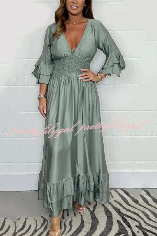 maxi dresses with pocketsSolid Satin V-Neck Ruffle Sleeve Pleated Waist Maxi Dress