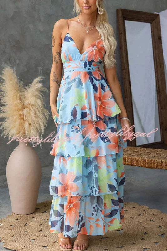 maxi dresses with pocketsDreamy Destiny Floral Print Elastic Back Tiered Maxi Dress