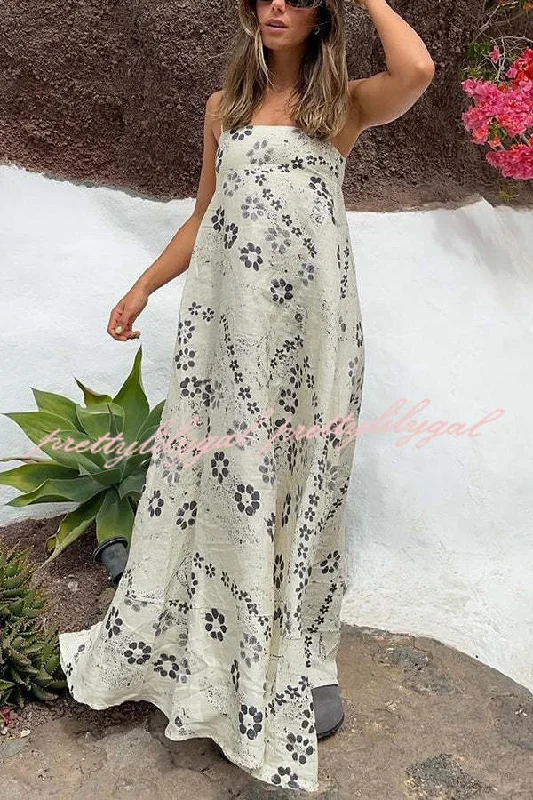 maxi dresses for active wear (with stretch fabric)Linen Blend Floral Print Strappy Full-hem Backless Maxi Dress