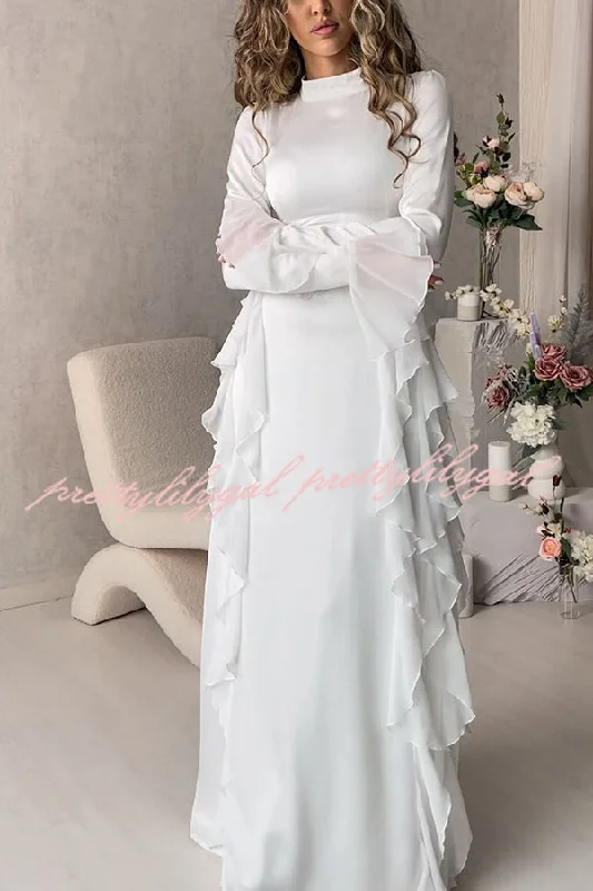 maxi dresses with sleevesCline Solid Color High Neck Long Sleeve Elegant Ruffles Maxi Dress