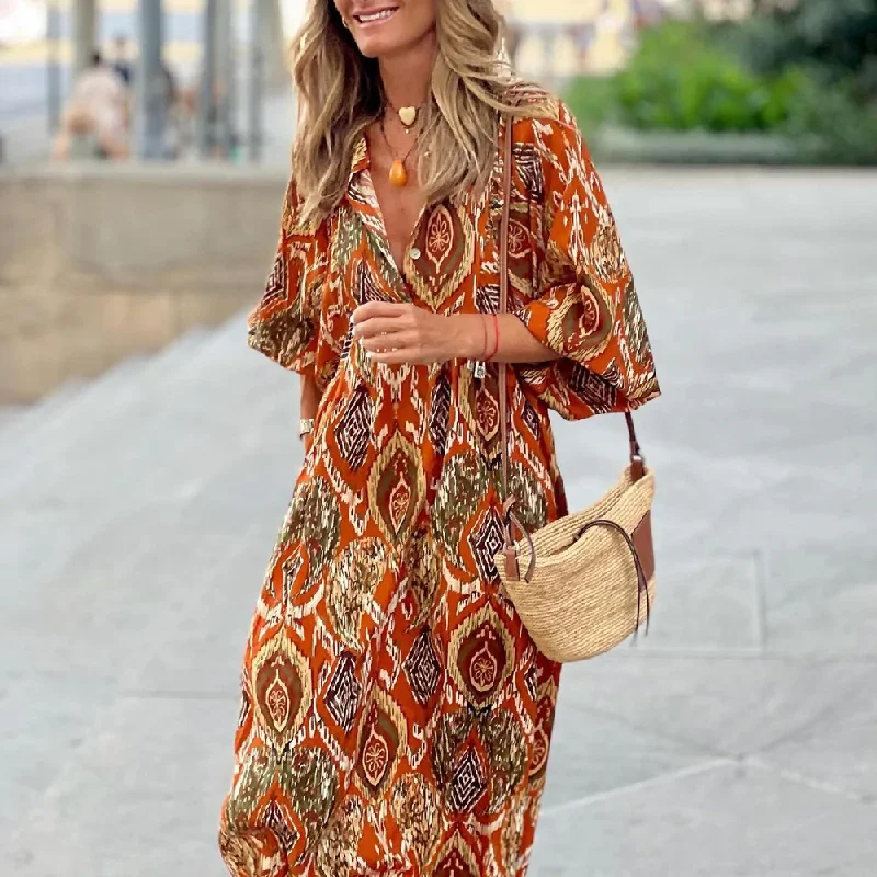 maxi dresses with cold-shoulder cutsTrendy 3/4 Sleeve Print Maxi Dress