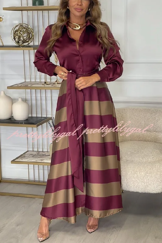 maxi dresses with adjustable strapsLindsey Satin Colorblock Contrast Long Sleeve Belted Shirt Maxi Dress