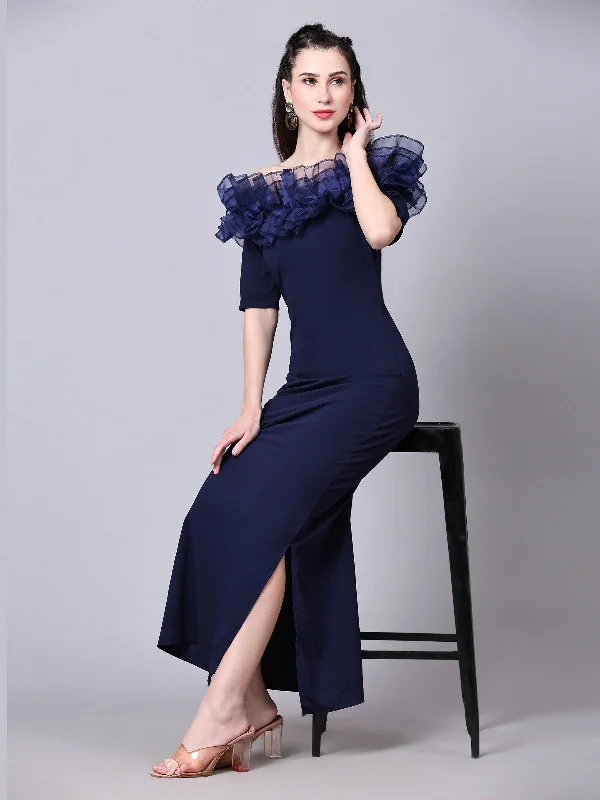 maxi dresses under $50Women Stylish Solid Cotton Lycra Short Sleeve Maxi/Full Length Bodycon Navy Blue Dress