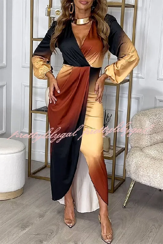 maxi dresses with embroidered patternsRomantic Sunset Gradient Print Ruched Balloon Sleeve Slit Maxi Dress