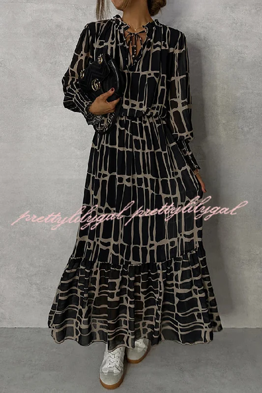 maxi dresses for curvesUnique Printed V-neck Tie-up Waist Long-sleeve Maxi Dress