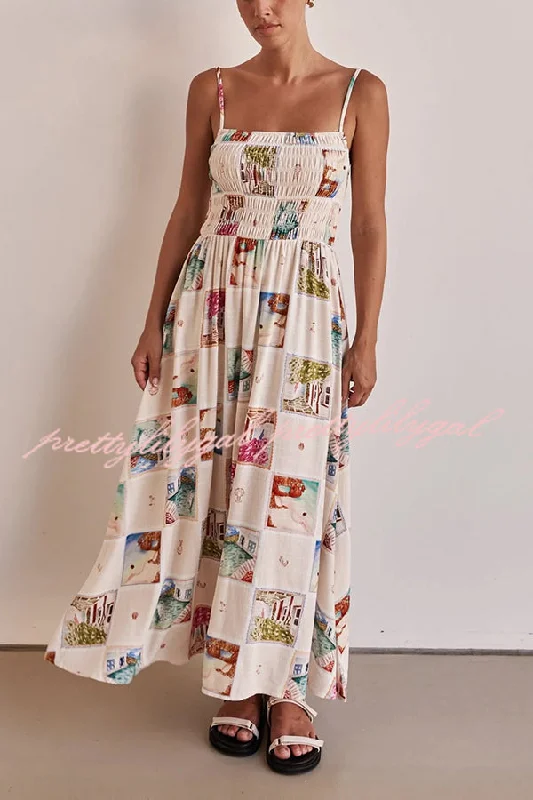 maxi dresses for destination weddingsUnique Printed Sling Backless Elastic Pleated Maxi Dress