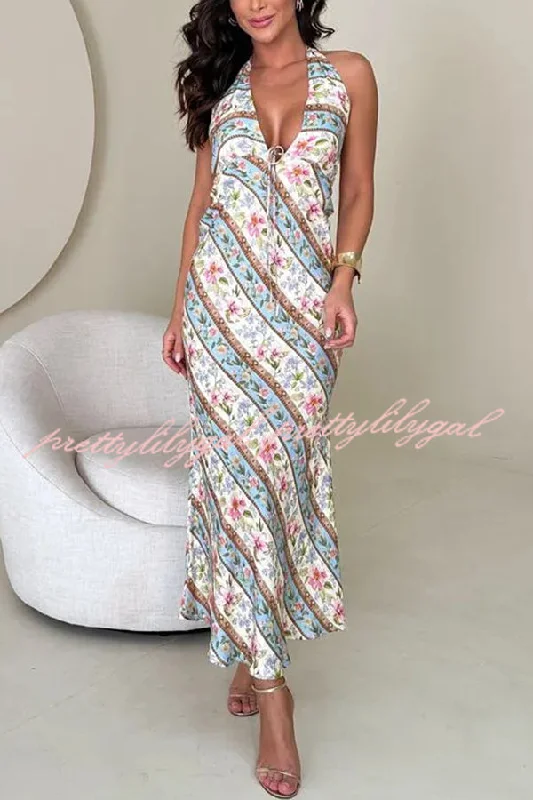 maxi dresses for summerGarden Goddess Unique Colorblock Floral Print Halter Backless Maxi Dress