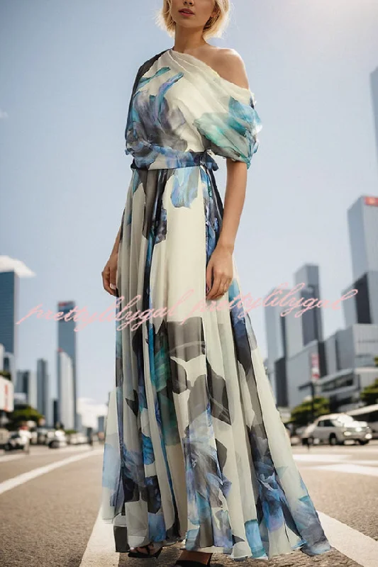 maxi dresses for springUnique Printed Bohemian Short-sleeved One-shoulder Maxi Dress