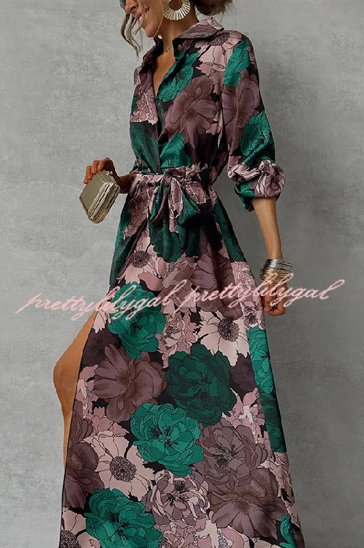 maxi dresses for plus sizeFloral Print Lapel Waisted Lace-up Long-sleeve Maxi Dress