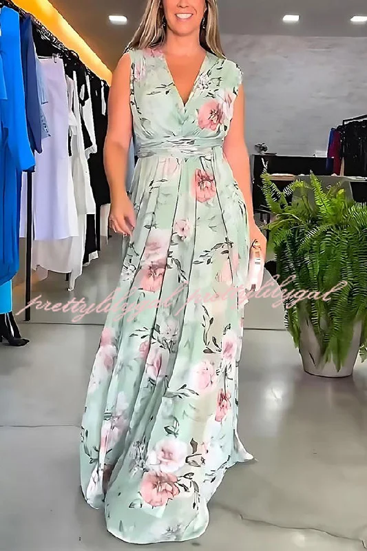 maxi dresses for autumnFloral Print V-neck Lace-up Maxi Dress