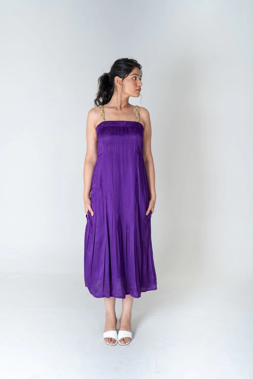 maxi dresses with A-line silhouettesColor-Blocked Braided Sleeveless Purple Maxi Dress